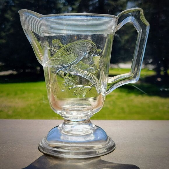 Antique EAPG Glass Creamer Cardinal Bird on Tree, Vintage Pressed Glass USA Made